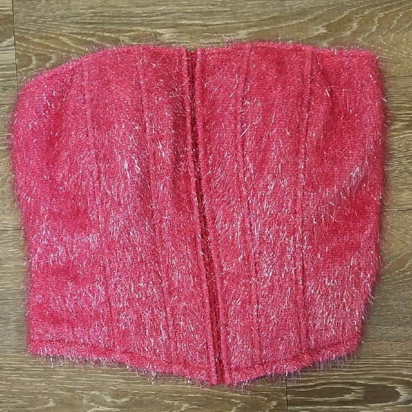 DOLLS KILL 3X CORSET Pink Fuzzy glittery Strapless Top - Picture 3 of 6